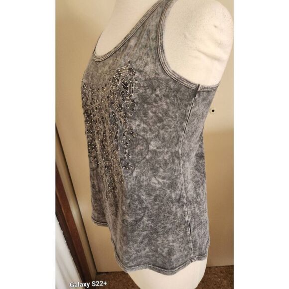 T64 Maurices 2 pc gray decorative silver-studded pattern tank and fringed kimono - Picture 7 of 11